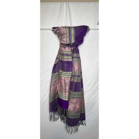 Pashmina Shawl Wrap Scarf Womens Purple Pink Gray w/ Elephant Print fringed ends - Picture 1 of 11